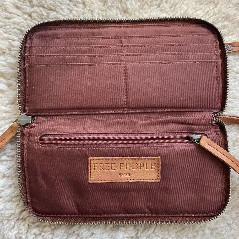 Free People Distressed Vegan Wallet Worn Finish Wrist strap Clutch Brown Tan